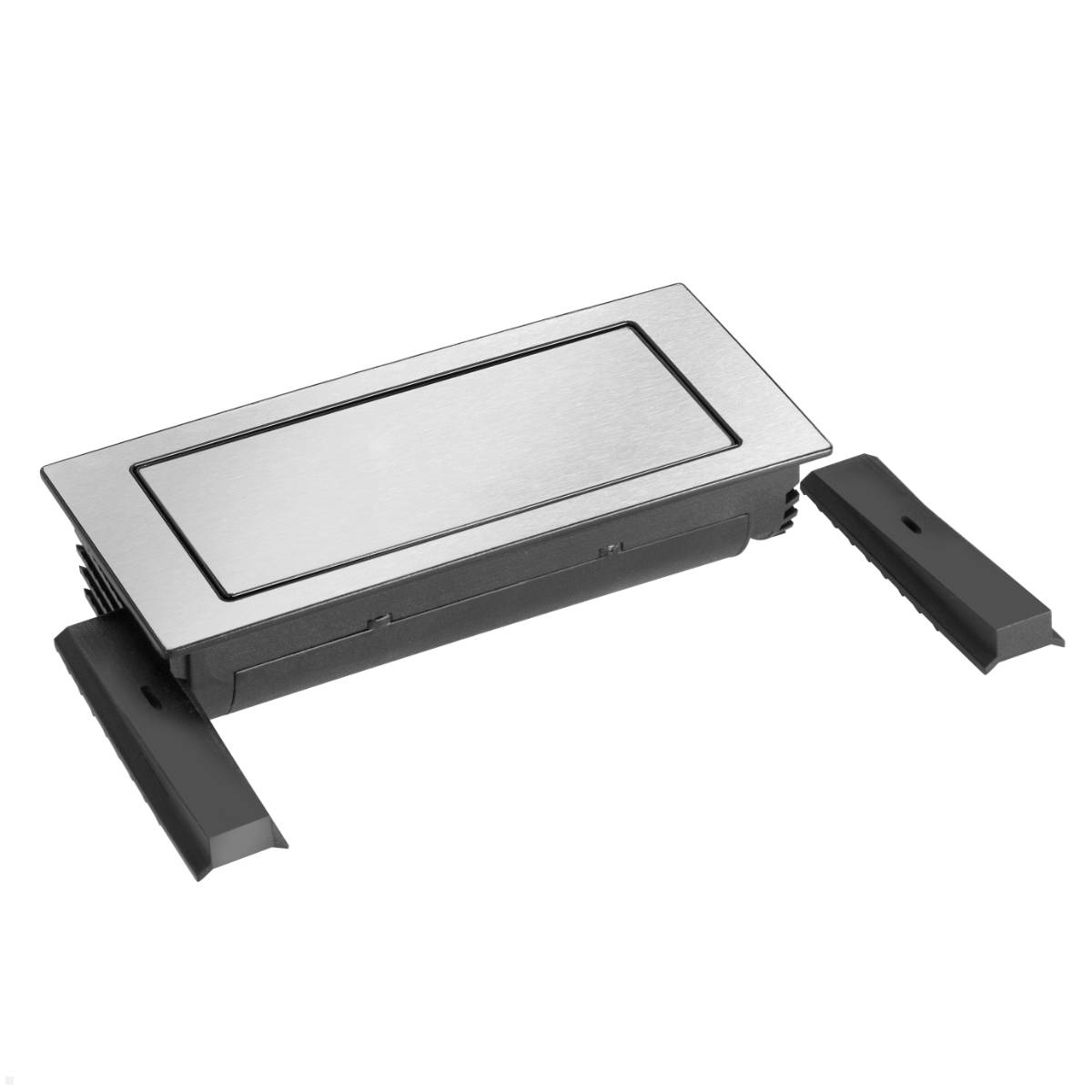 Eine rechteckige Metallfußbodendose mit gebürsteter Oberfläche, dargestellt mit geöffneten Klappen an beiden Seiten für Kabeleinführung, konzipiert für moderne Innenräume.