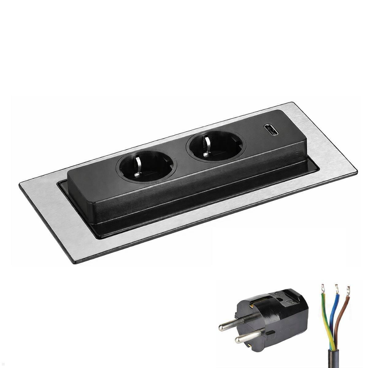 EVOLine BackFlip Cuisine 2x Steckdose mit USB-C Charger, Edelstahl gebürstet