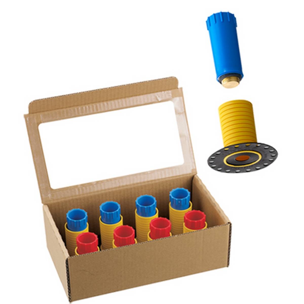 Haas OHA-Dichtfix-Kombi-Paket 8 Dichtfix-Bauhülsen mit Messingstopfen, 4x Messing Baustopfen ½" rot, 4x Messing Baustopfen ½" blau
