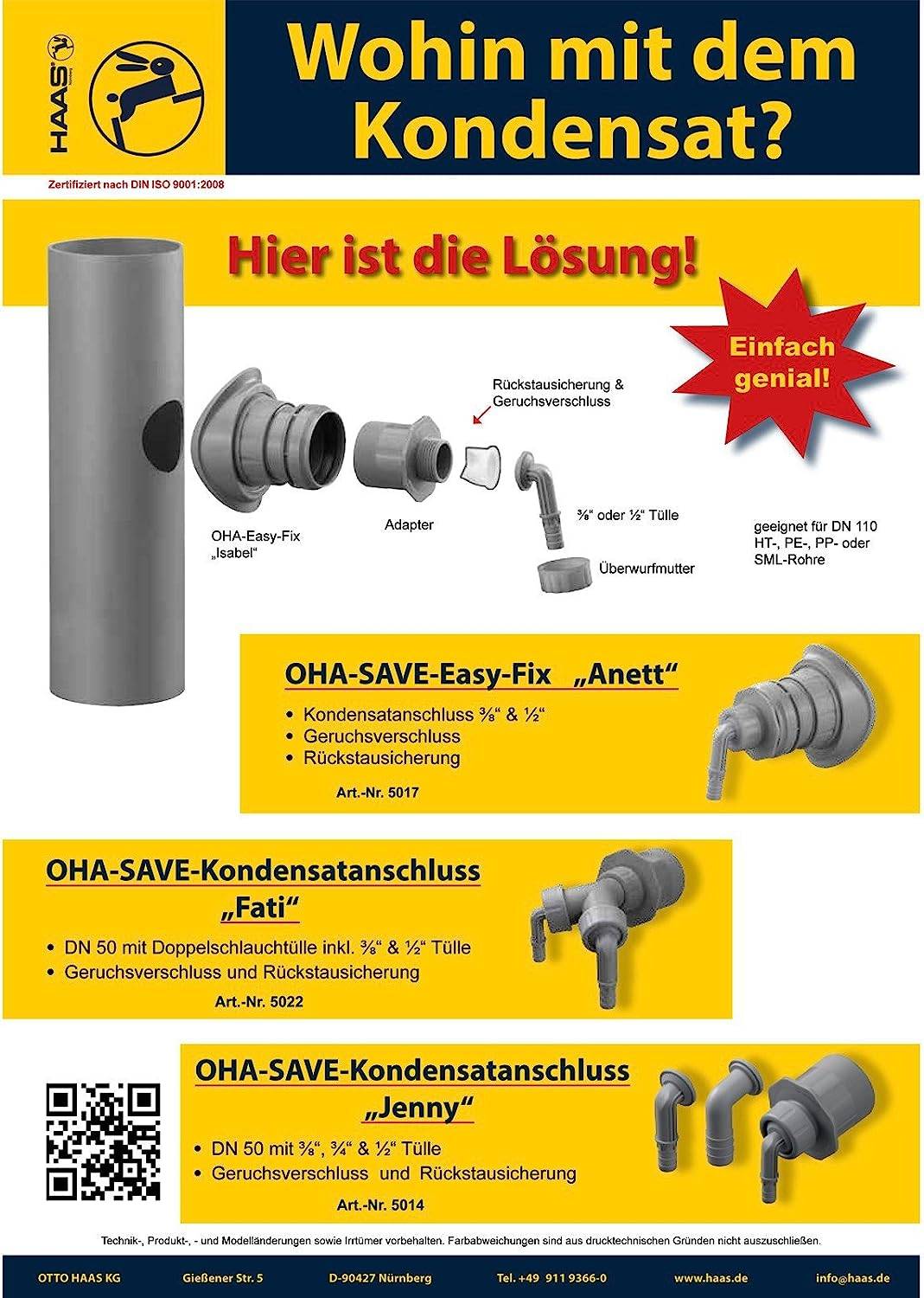Haas OHA-EASY-FIX Anschlussstutzen Design "Isabel" DN 110/50, für nachträgliche Anbindung DN 50.