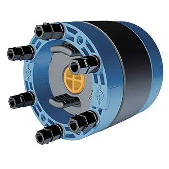 Blaue industrielle mechanische Kupplung mit sechs schwarzen schraubenähnlichen Verbindungselementen um eine zentrale gelbe Nabe auf einem zylindrischen Gehäuse, dargestellt in 3D auf weißem Hintergrund