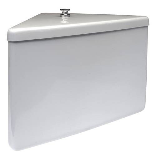 Ein weißer, dreieckiger Toilettentank mit einem Chrom-Betätigungsknopf an der Oberseite, der für die Eckmontage im Badezimmer konzipiert ist.