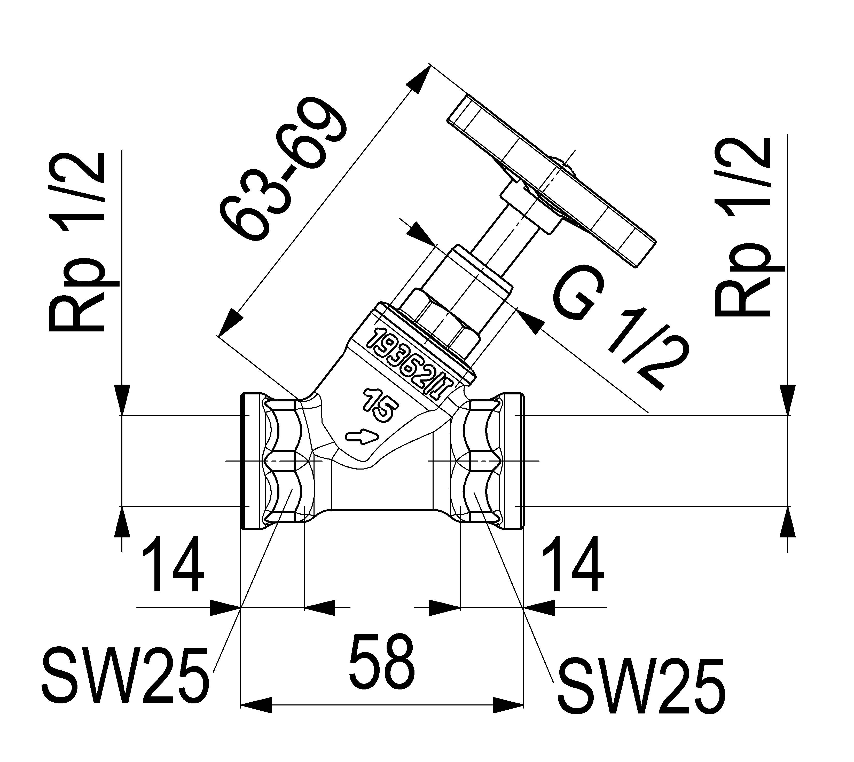 JS SCHRAEGSITZVENTIL,O.ENTLEERUNG STEIGENDE SPINDEL,DN15,IG 1/2"