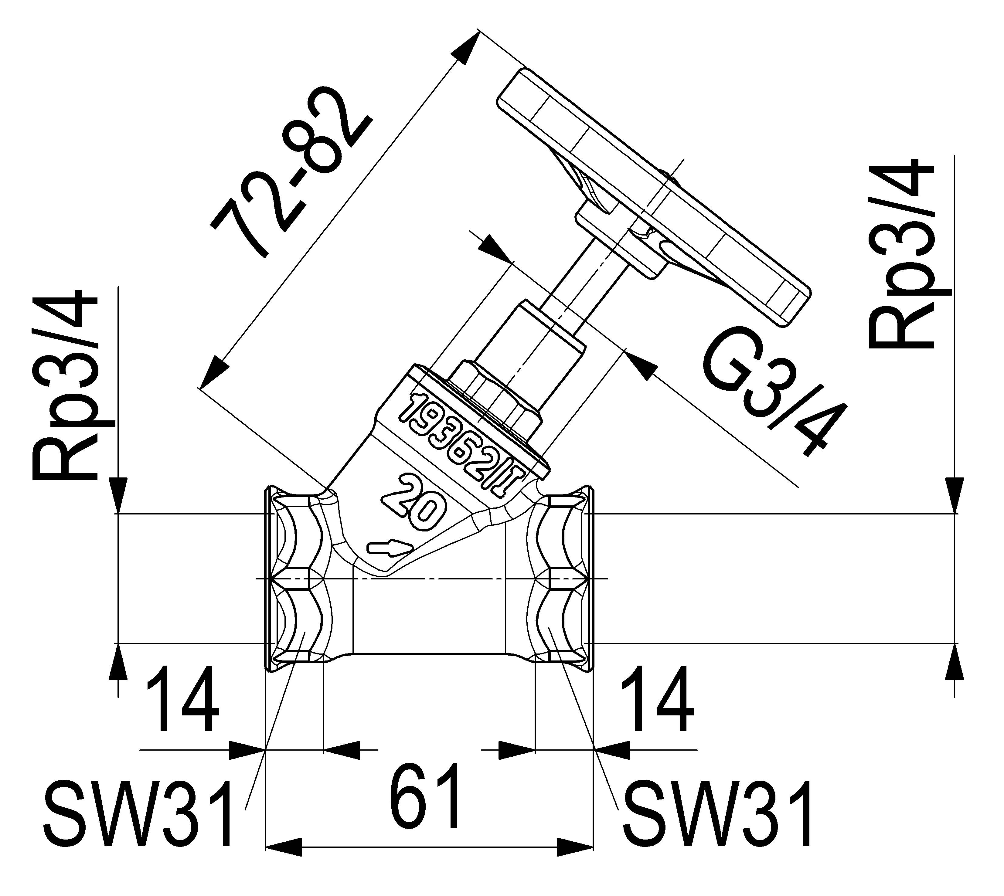 JS SCHRAEGSITZVENTIL,O.ENTLEERUNG STEIGENDE SPINDEL,DN20,IG 3/4"