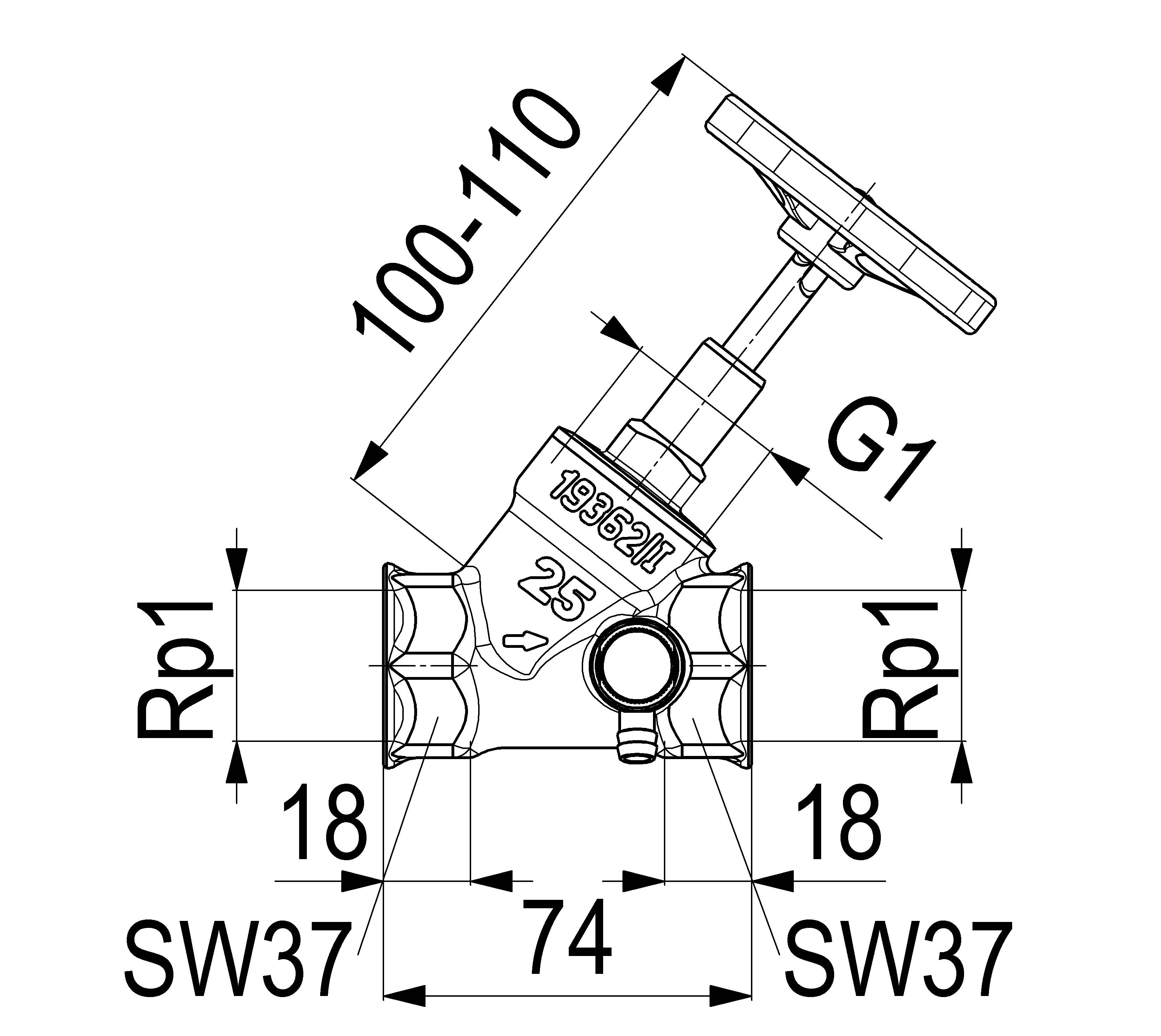 JS SCHRAEGSITZVENTIL,M.ENTLEERUNG STEIGENDE SPINDEL,DN25,IG 1"