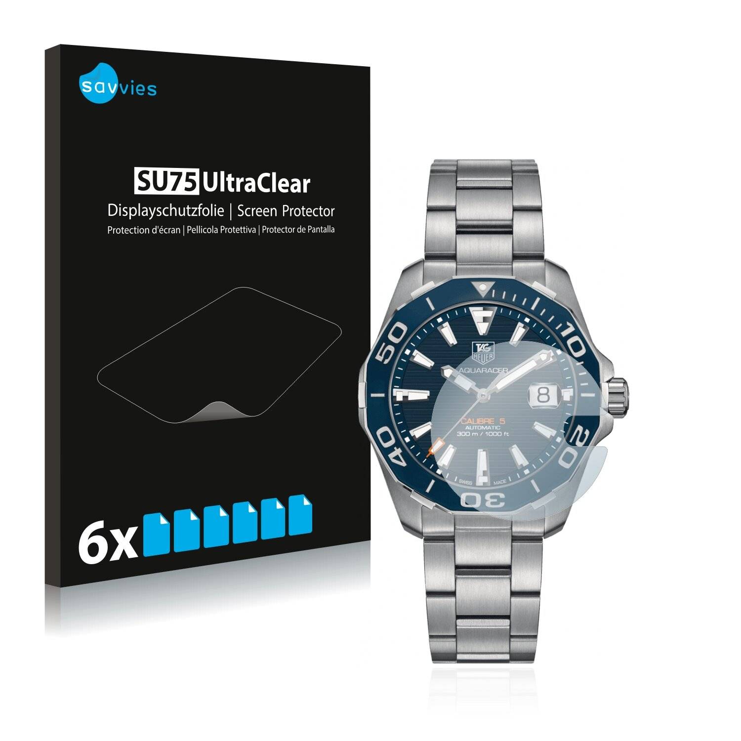 6x Savvies SU75 Displayschutzfolie für TAG Heuer Aquaracer (43 mm) (runde
