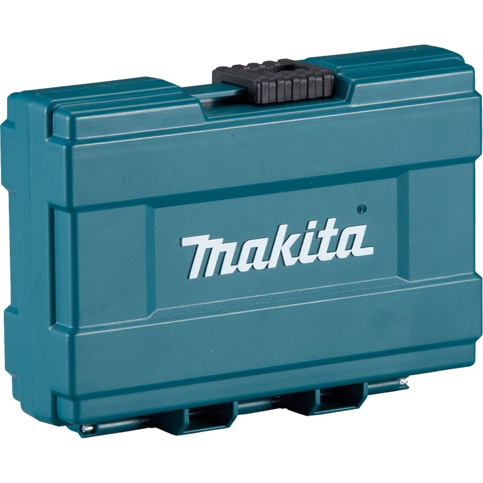 Eine türkisfarbene Makita-Transporttasche mit schwarzem Griff, konzipiert zum Aufbewahren und Transportieren von Werkzeugen oder Ausrüstung.