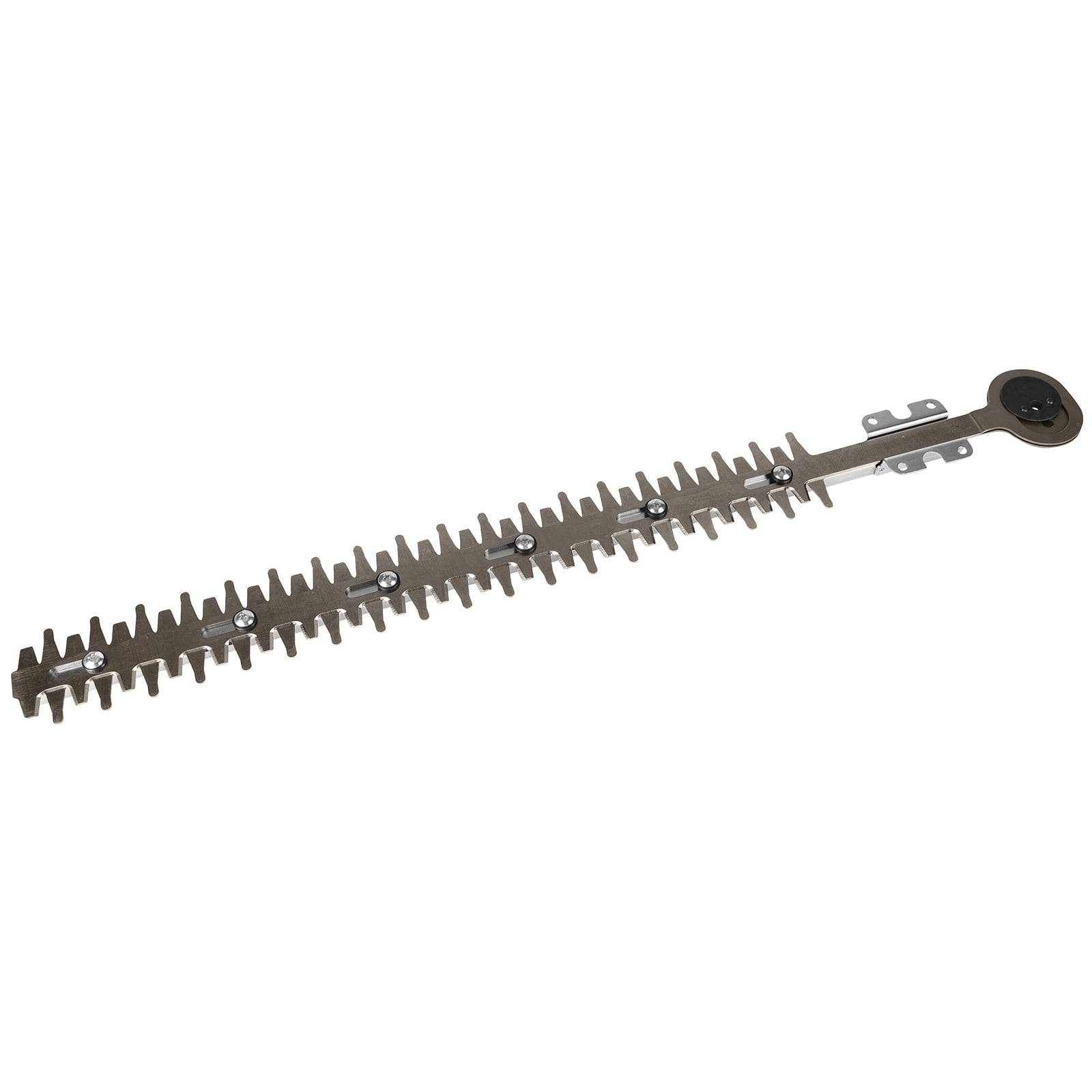 Eine Heckenscherenmesser aus Metall mit mehreren scharfen Zähnen, entwickelt zum Schneiden und Formen von Hecken oder Sträuchern.