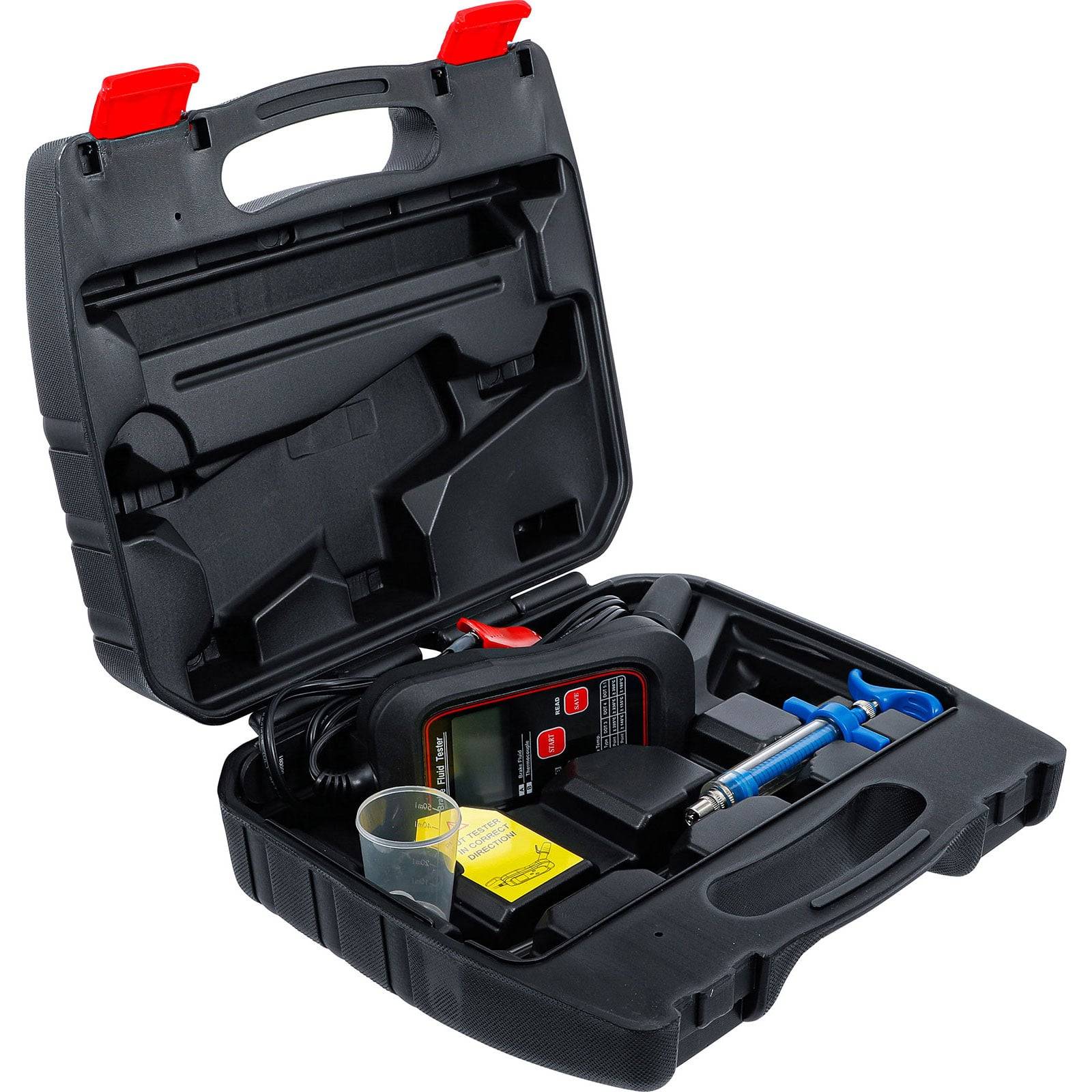 Ein schwarzer Kunststoff-Transportkoffer, der geöffnet ist und einen digitalen Reifenluftpumpe, einen aufgewickelten Luftschlauch, ein Manometer und verschiedene Düsen sowie Zubehör zeigt.