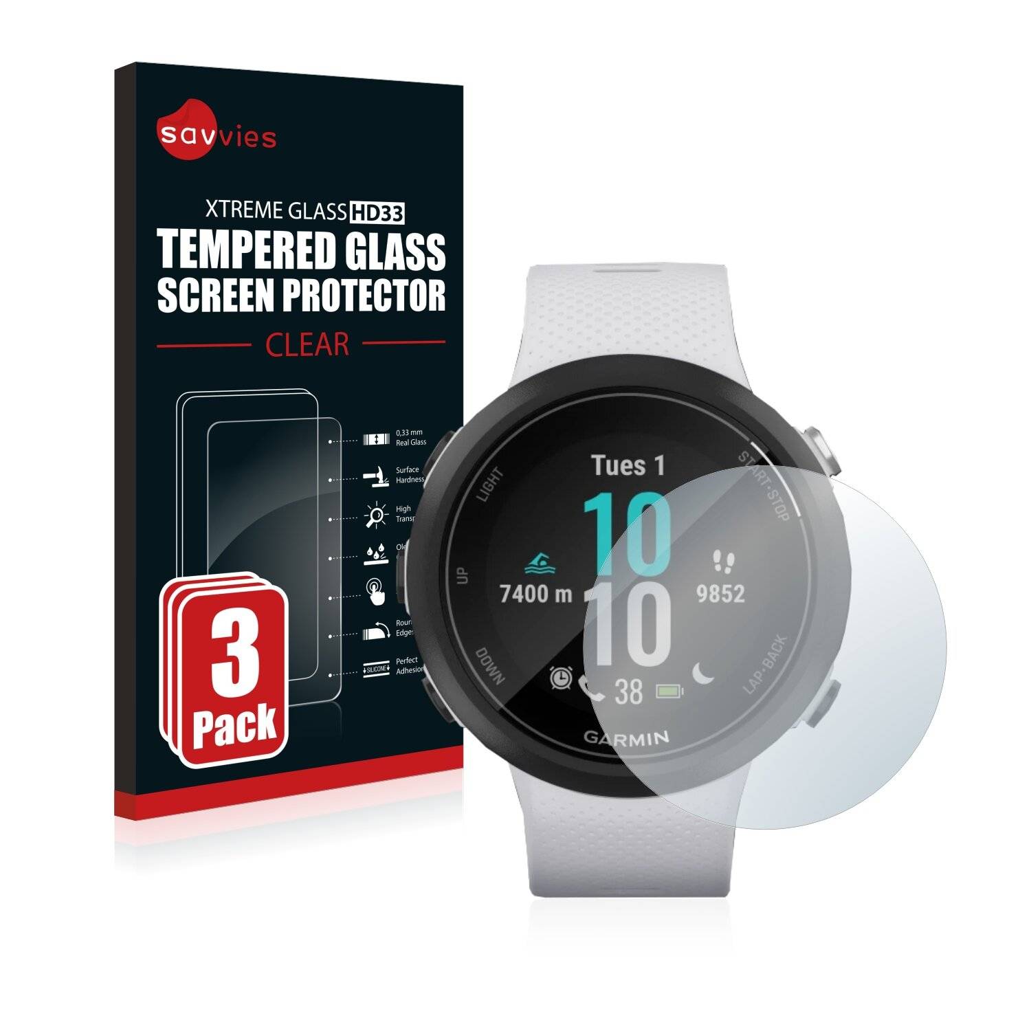 3x Savvies HD33 Clear Schutzglas für Garmin Swim