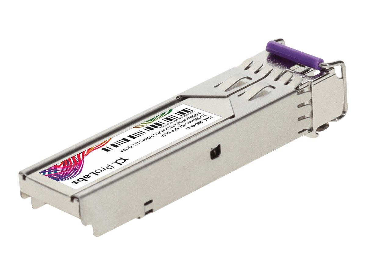 Faseroptisches Transceiver-Modul mit violettem Riegel und Etikett auf weißem Hintergrund.