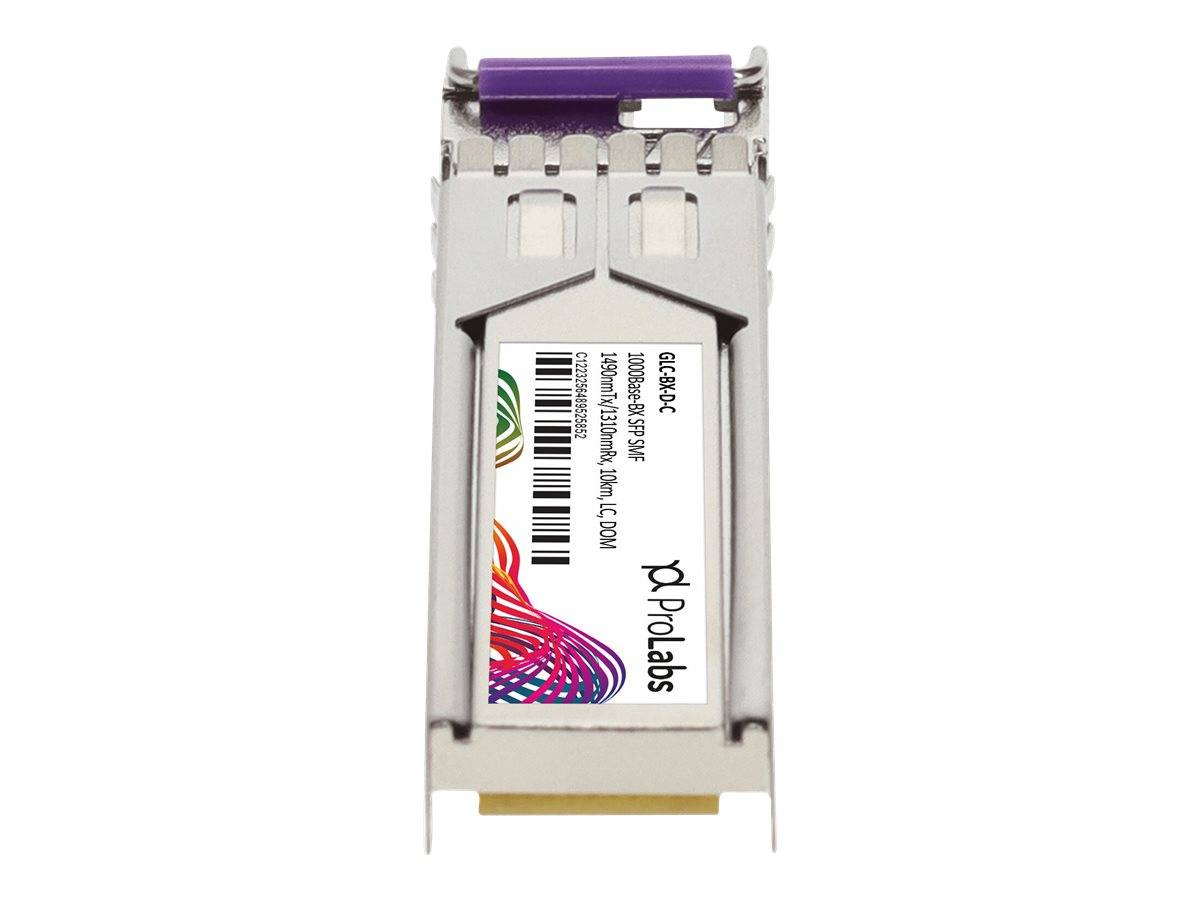 Foto eines optischen GPON-Transceiver-Moduls mit violetter Kappe und Polabs-Etikett, vor weißem Hintergrund dargestellt.