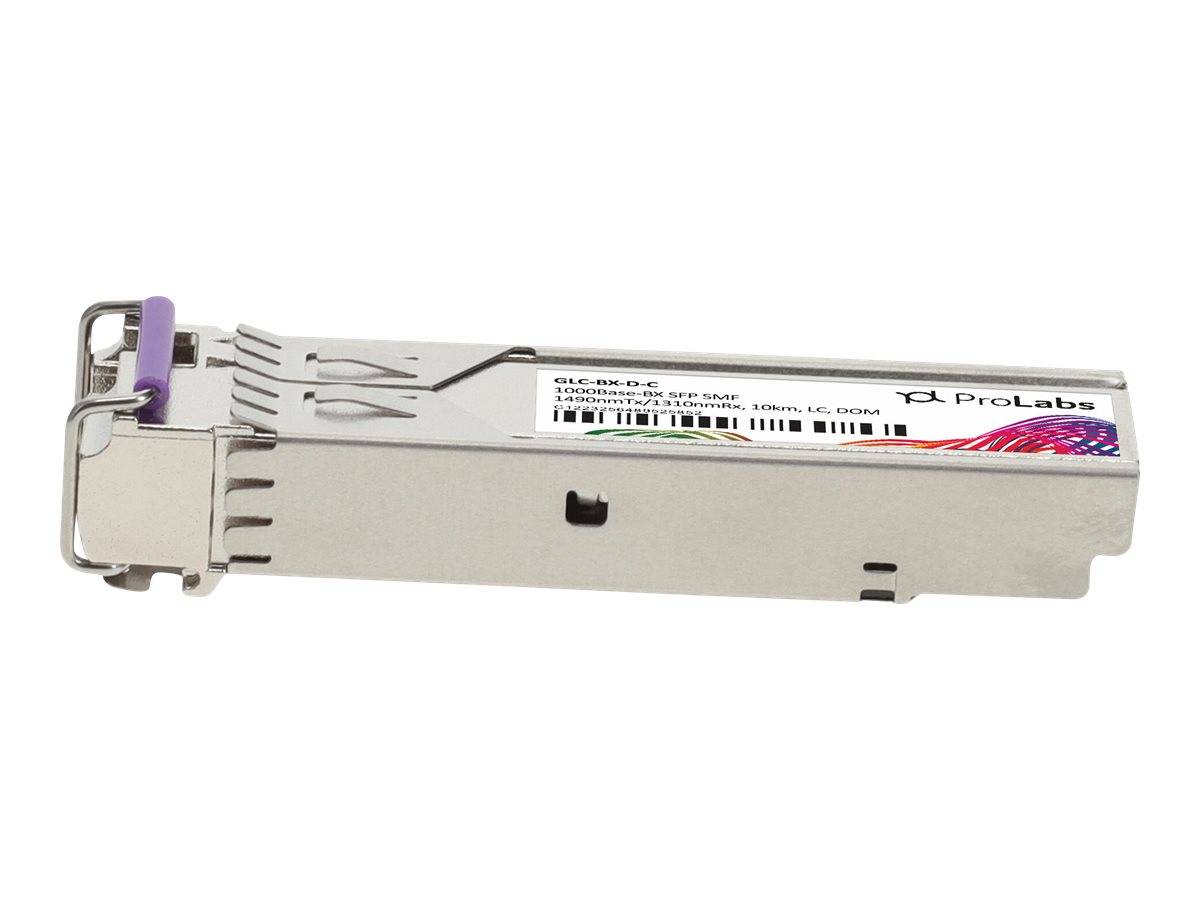 Faseroptisches Transceiver-Modul mit Metallgehäuse, violettem Verschluss und ProLabs-Etikett auf weißem Hintergrund.