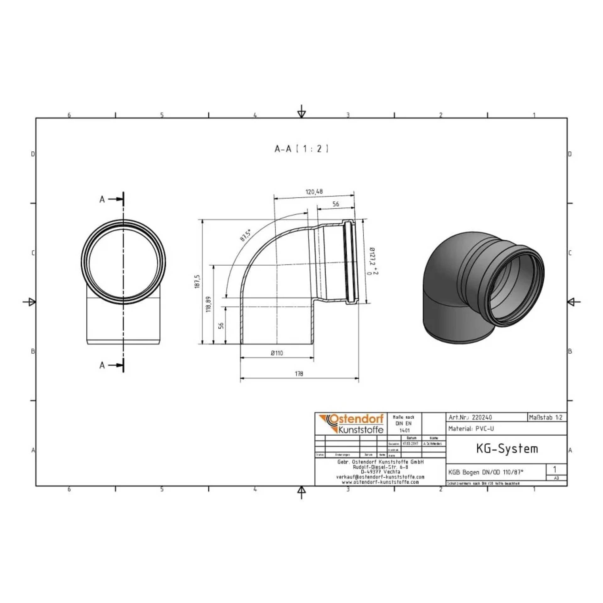 Technische Zeichnung einer 90-Grad-Rohrbogenfitting, mit Front- und Seitenansichten einschließlich Abmessungen, sowie einer 3D-Darstellung und einem Titelblock.