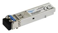 Kleines rechteckiges elektronisches Modul oder Transceiver mit schwarzem Steckerende und weißem Etikett auf einfachem Hintergrund.