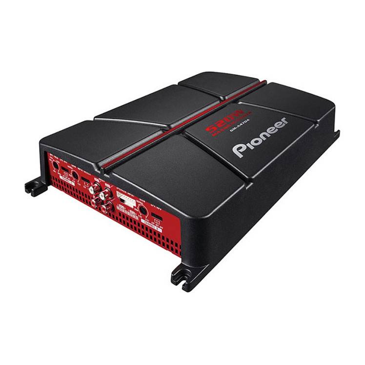 Pioneer 2-Kanal-Autoverstärker mit schwarzem Gehäuse und roten Bedienfeld-Anschlüssen.