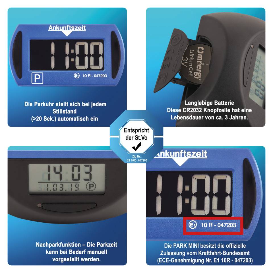 Needit Park Mini, elektronische, vollautomatische Parkscheibe, blau, StVO-Zulassung, 90x52mm