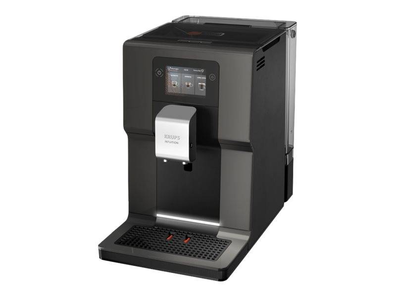 Schwarze Arbeitsplatte automatische Kaffeemaschine mit Touchscreen, Becherspender und Abtropfschale zum Ausgeben von heißen Getränken.