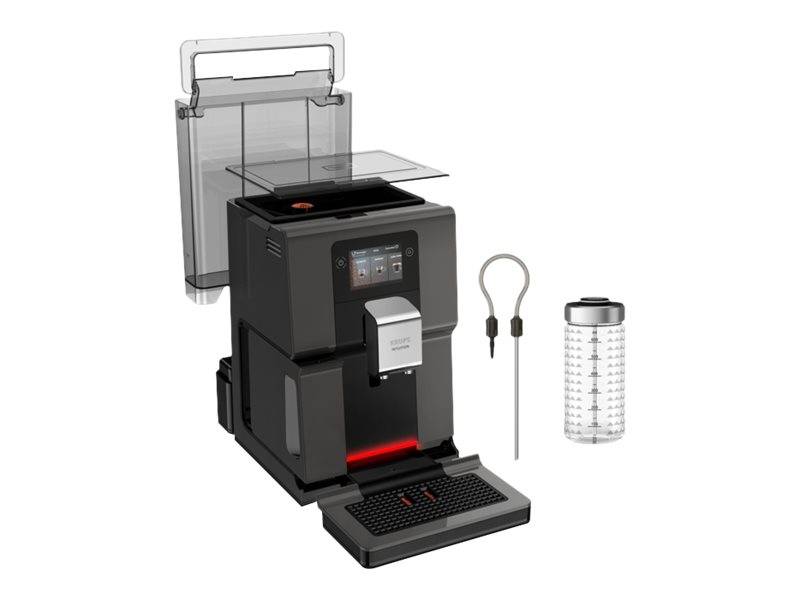 Automatische Kaffeemaschine mit Wasserreservoir, Dampflanze und Messbecherachse auf weißem Hintergrund.