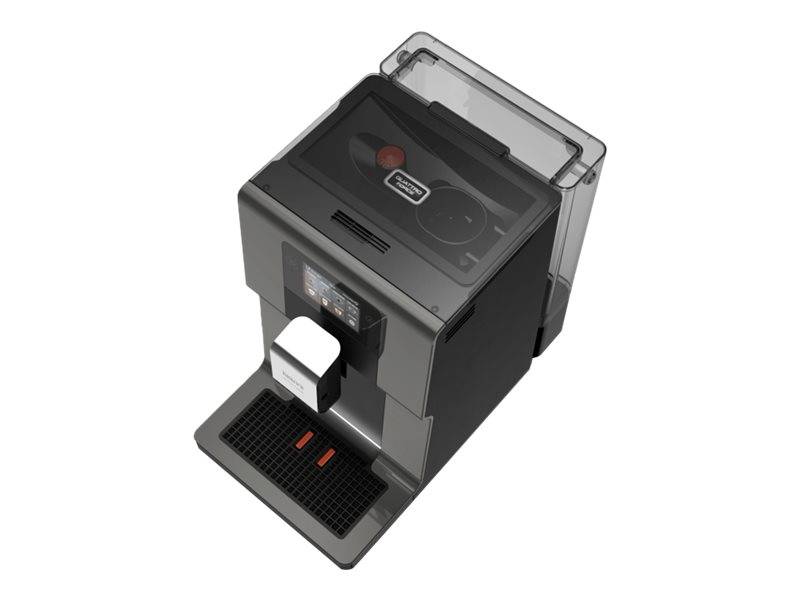 Kaffeemaschine mit Obenladeöffnung, vorderer Becherspender und Abtropfschale, dargestellt auf weißem Hintergrund.