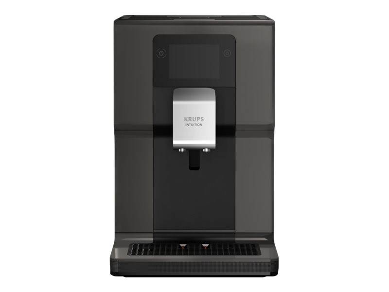 Schwarze KRUPS-Kaffeemaschine mit frontalem Ausgabeschacht und Tropfschale, dargestellt auf weißem Hintergrund.