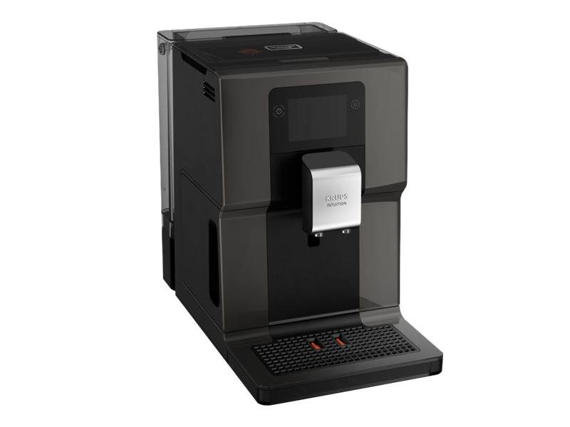 Schwarze automatische Kaffeemaschine mit kleinem Display und vorderer Auslauföffnung auf einem Tropfblech.