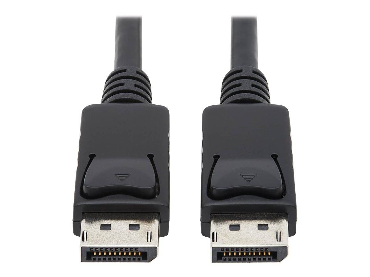 Zwei schwarze DisplayPort-Kabel mit Steckverbindern nebeneinander auf weißem Hintergrund gezeigt.