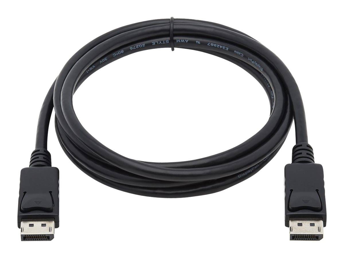 Schwarzes DisplayPort-Kabel mit Anschlüssen an beiden Enden, aufgerollt auf weißem Hintergrund.