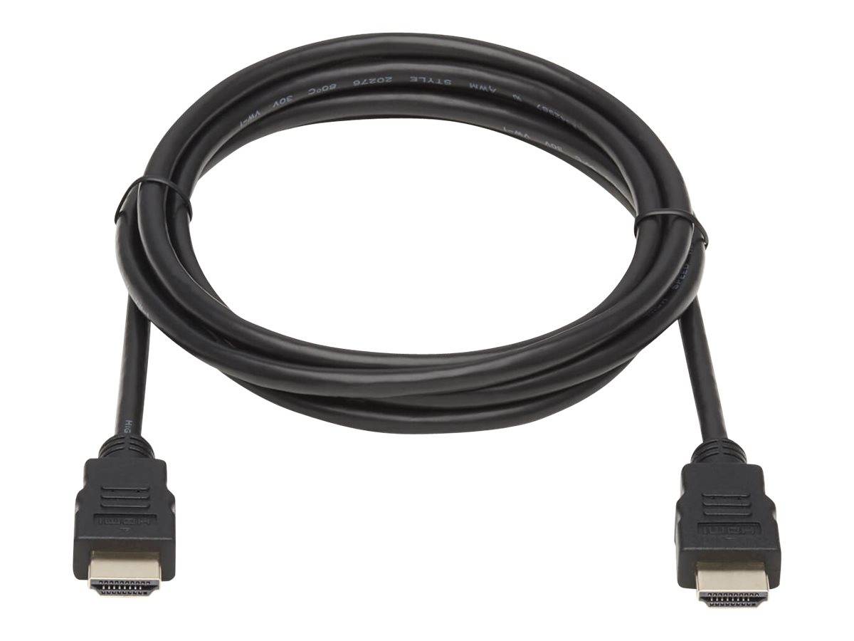 Schwarzes HDMI-Kabel aufgerollt mit Stecker auf beiden Enden auf weißem Hintergrund.
