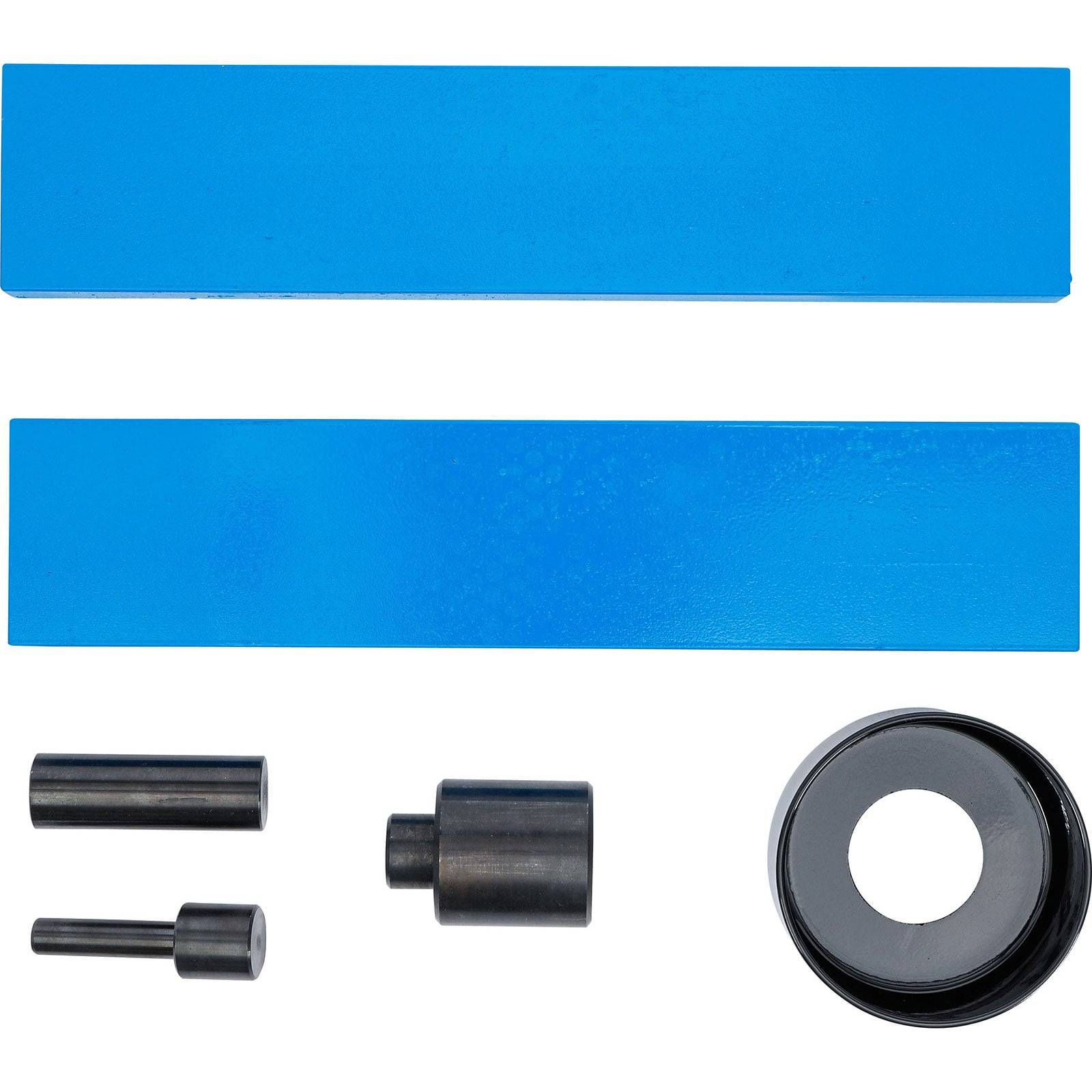Ein Bild eines blauen, rechteckigen Nivellierungswerkzeug-Sets mit zwei Metallstangen, einem Zylinder und einer Scheibe. Verwendet für präzise Ausrichtungsaufgaben.