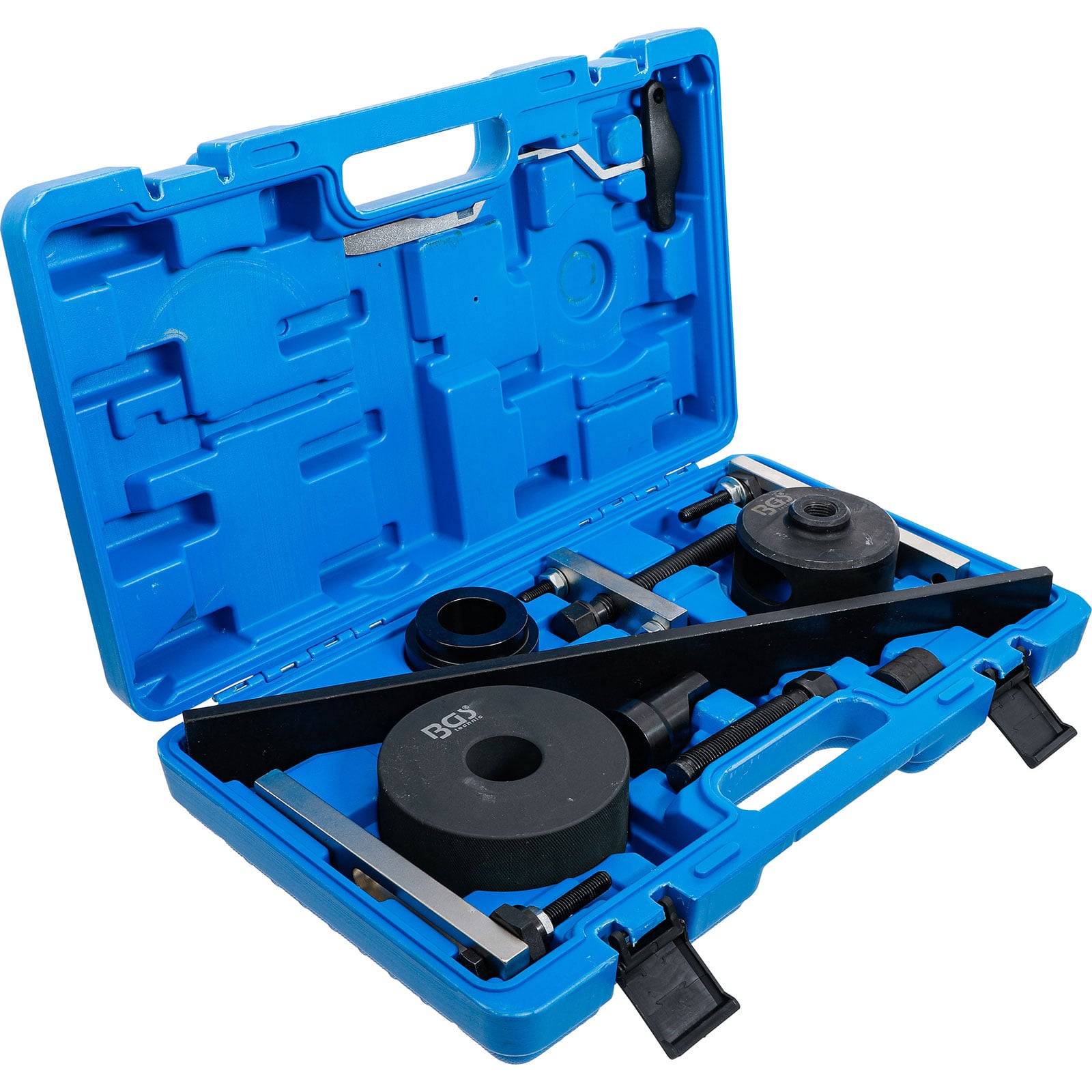 Ein blauer Kunststoffkoffer, geöffnet, um einen Kurbelwellen-Ausrichtungssatz zu zeigen, der verschiedene Metallkomponenten und Werkzeuge für Motorreparaturen enthält.