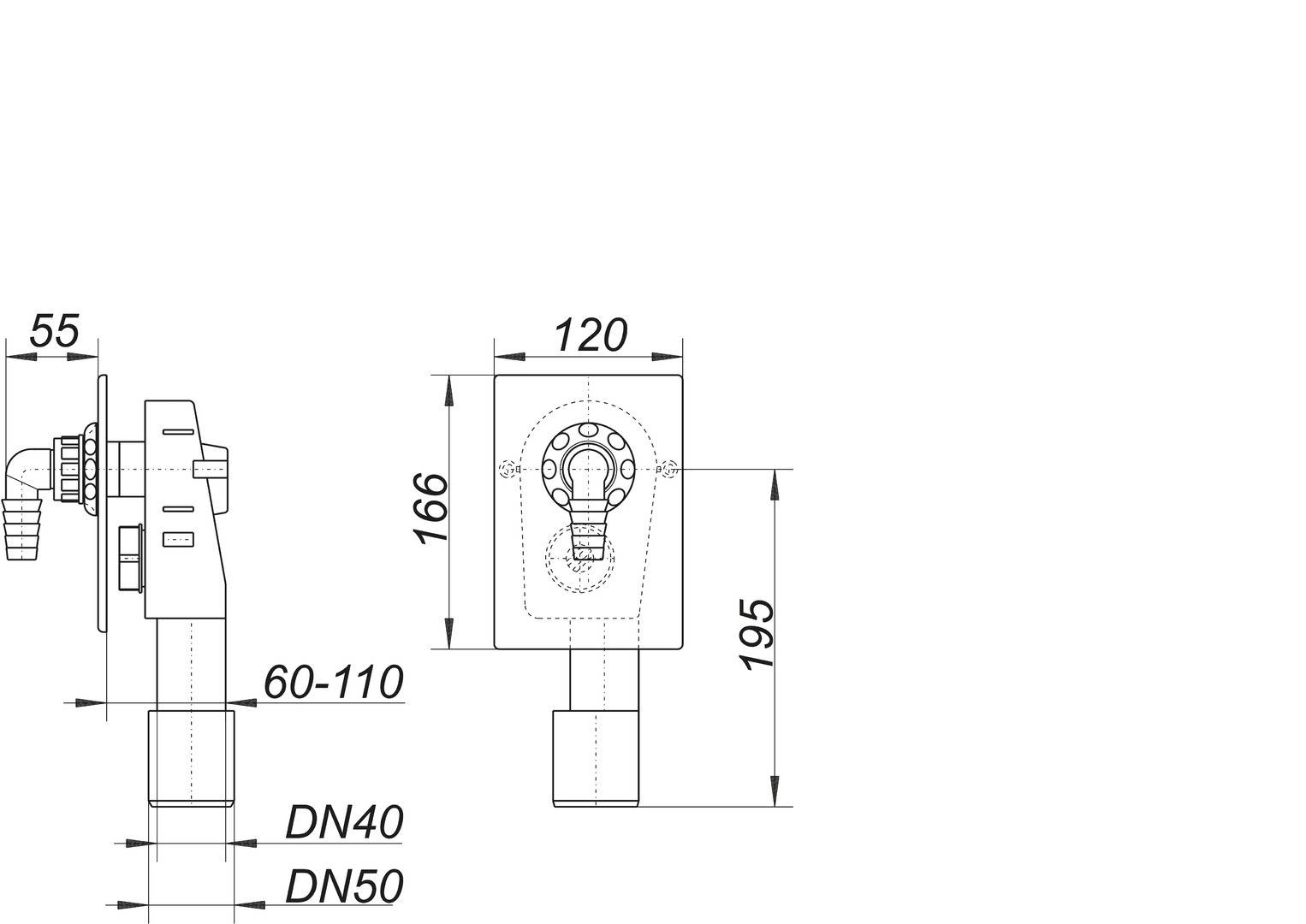 Dallmer Wand-Waschgeräte-Siphon HL 400 Abdeckpl. a. ES 110x160mm DN 40/50