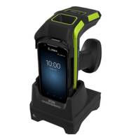 Robustes Smartphone in einer schwarz-neongrünen Ladewiege angedockt, zeigt einen 10:00-Sperrbildschirm an.