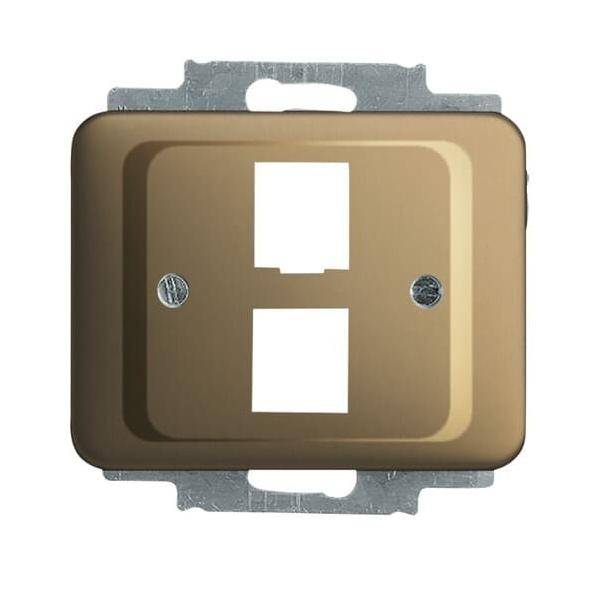 Eine bronzefarbene metallische Abdeckplatte für Steckdosen mit zwei rechteckigen Ausschnitten und zwei Schraublöchern in einem Metallbefestigungshalter.