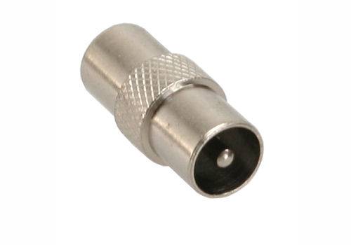 Ein silberfarbener koaxialer Kabeladapter mit strukturiertem Griff, mit zylindrischer Form und offenen Enden zum Anschluss an Kabel.