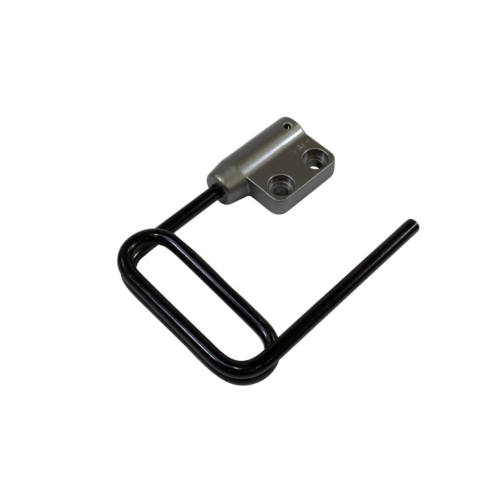 Eine Metallhalterung mit zwei Befestigungslöchern und einem gebogenen schwarzen Griff, die zur Unterstützung oder Befestigung in mechanischen Anwendungen verwendet wird.