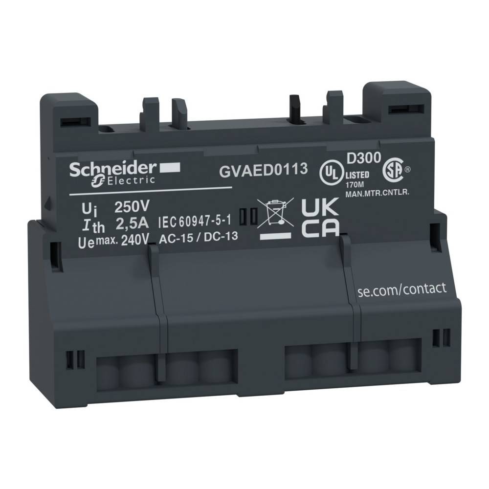 Ein schwarzes Schneider Electric Gerät mit der Bezeichnung 'GVAED0113', das technische Spezifikationen zeigt: 250V, 2,5A, sowie Konformitätszeichen für Sicherheitsstandards.