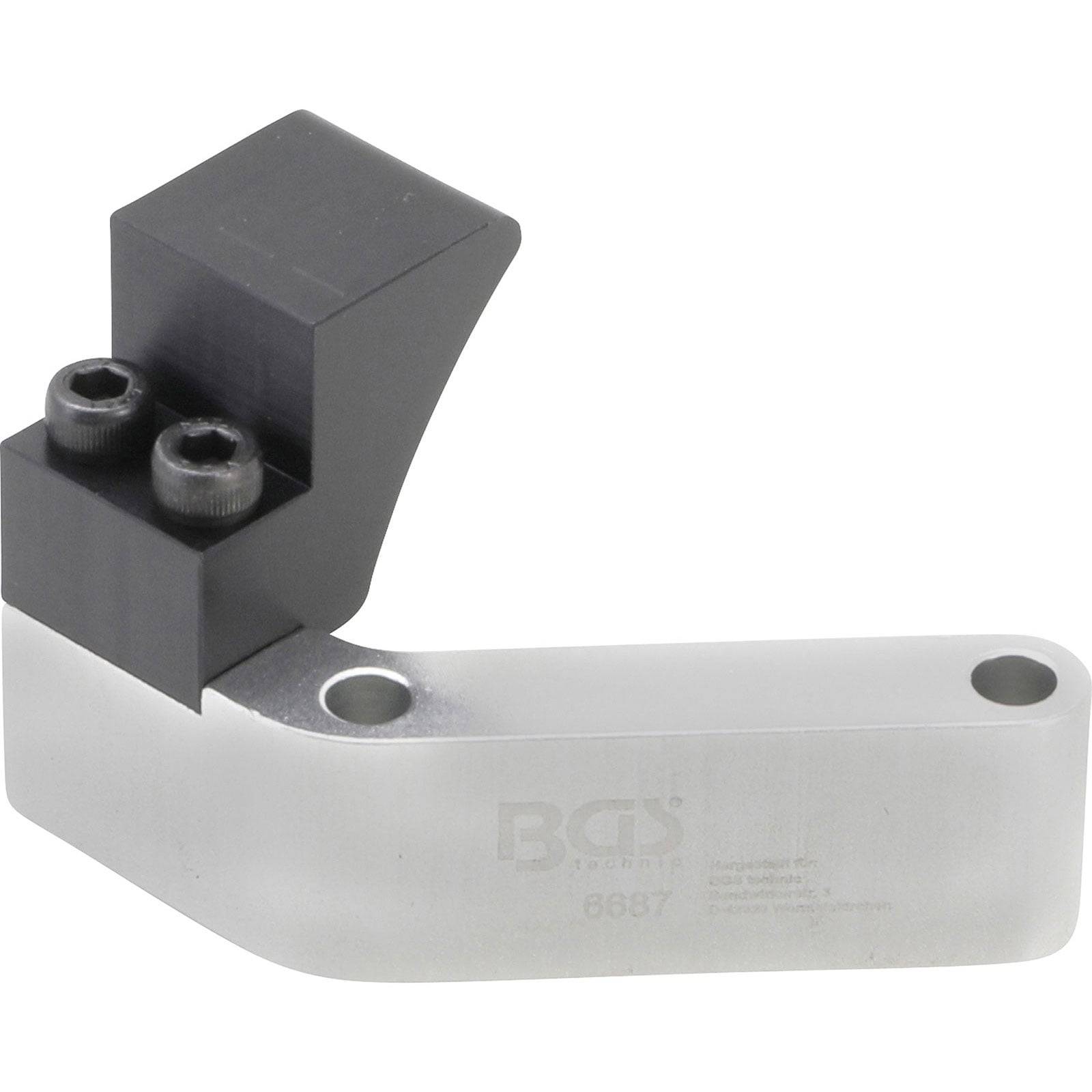 Ein Metalltool mit einem schwarzen, abgewinkelten Kopf und zwei sichtbaren Schrauben an einem silbernen Körper mit eingraviertem Text 'BGS'.