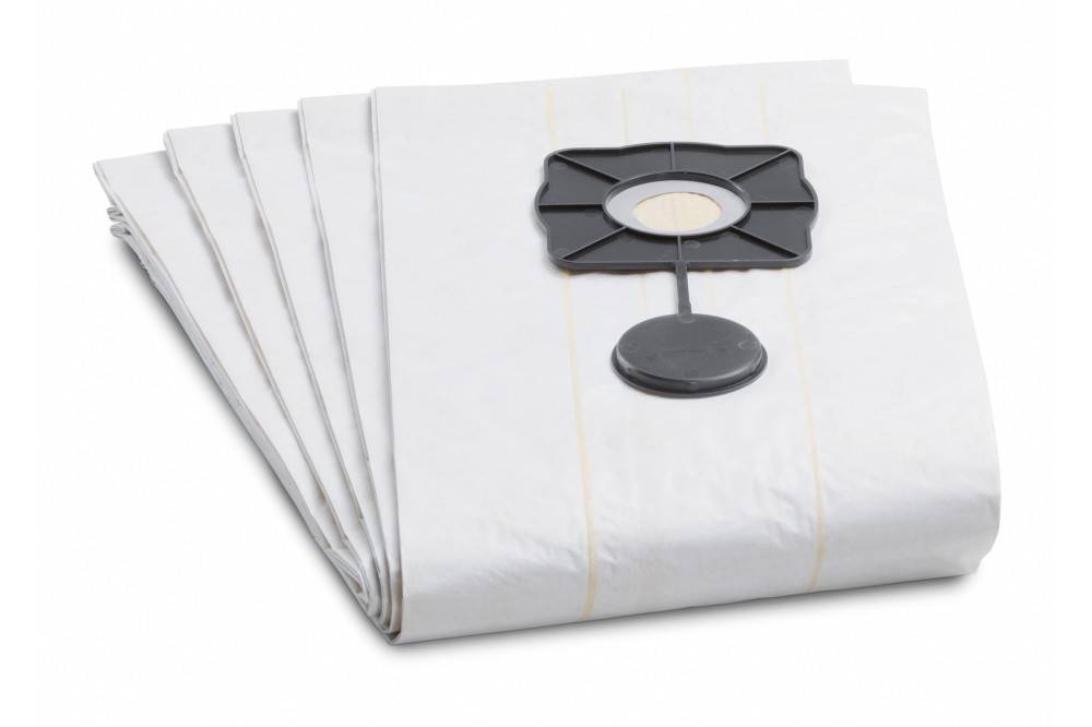 Ein Stapel von Ersatz-Staubsaugerbeuteln mit einem schwarzen Kunststoffverbinder in der Mitte, der für eine einfache Befestigung am Staubsauger konzipiert ist.