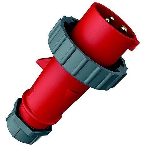Roter Stecker für industrielle Elektrokabel mit grauem Verriegelungsring, gezeigt auf weißem Hintergrund.