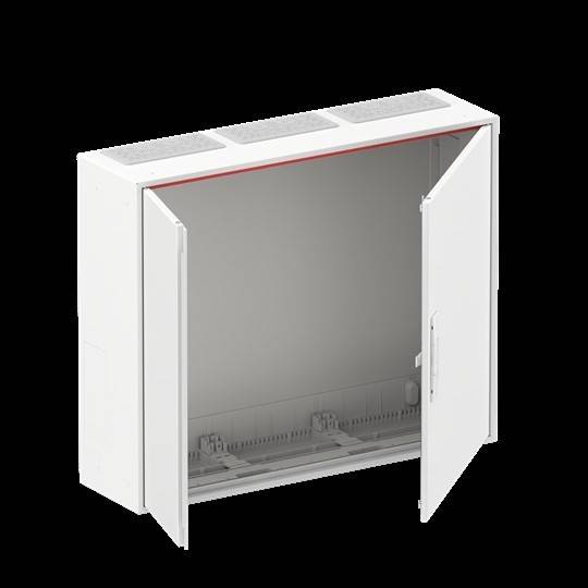 Ein offener weißer Wandverteilerschrank ohne sichtbare Inhalte, der ein internes Schienensystem zur Organisation von elektrischen Komponenten zeigt.