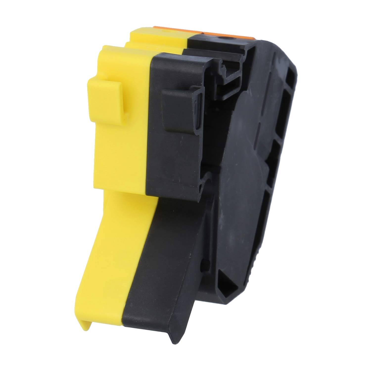 Gelbe und schwarze Tonerkartusche, von der Seite betrachtet, mit Darstellung ihres Strukturdesigns.