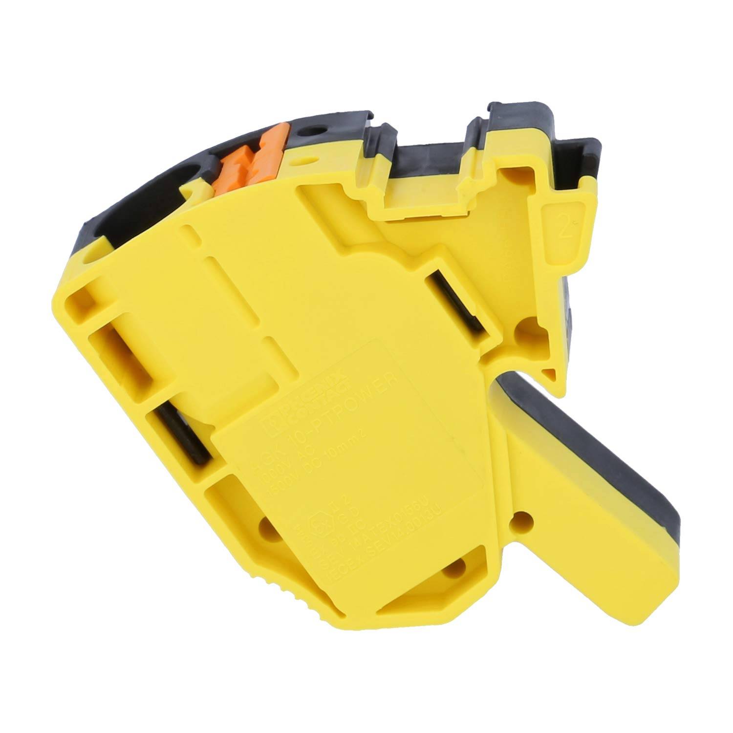 Eine gelb-schwarze Kunststoffkomponente mit mehreren Schlitzen und Nuten, möglicherweise ein Verbinder oder Teil eines Montagegeräts.