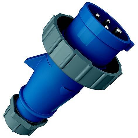Blauer Industrie-Elektrostecker mit grauen Verriegelungshülsen, diagonal auf weißem Hintergrund dargestellt.