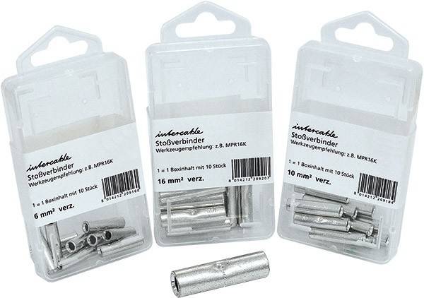 Drei Packungen mit Metall-Stoßverbindern, 16mm² Größe, jede Packung enthält zehn Stück, mit einem Verbinder, der separat dargestellt ist.