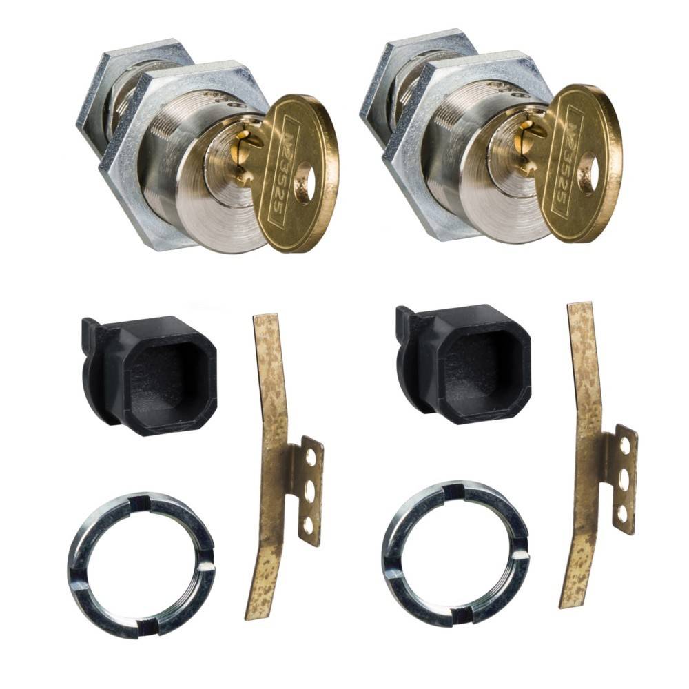 Schwenkschloss-Set mit Schlüssel, bestehend aus zwei Sechskant-Schlössern mit Messingschlüsseln, zwei schwarzen Schutzabdeckungen und Montagezubehör, üblicherweise zur Sicherung von Schränken oder Türen verwendet.