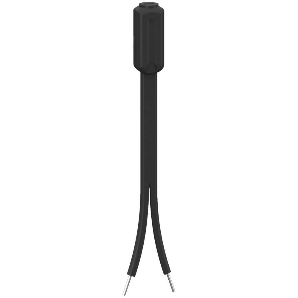Eine schwarze elektronische Komponente mit zwei nach unten ragenden Metallstiften, wahrscheinlich zum Anschluss an eine Schaltung verwendet.