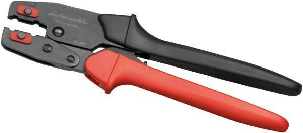 Drahtcrimpzange mit rotem Griff und schwarzem Kopf, die zum Verbinden von Drähten durch sicheres Pressen von Metallverbindern verwendet wird.