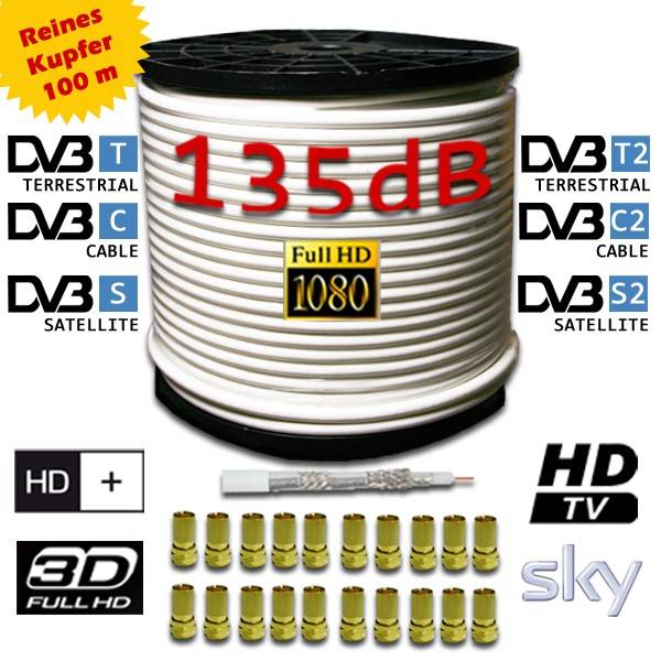 PremiumX DELUXE PRO Koaxial Kabel 5-Fach geschirmt, reines Kupfer 100 Meter SAT Antennenkabel + 20 F-Stecker 8mm