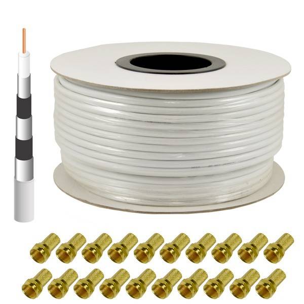 PremiumX DELUXE PRO Koaxial Kabel 5-Fach geschirmt, reines Kupfer 100 Meter SAT Antennenkabel + 20 F-Stecker 8mm